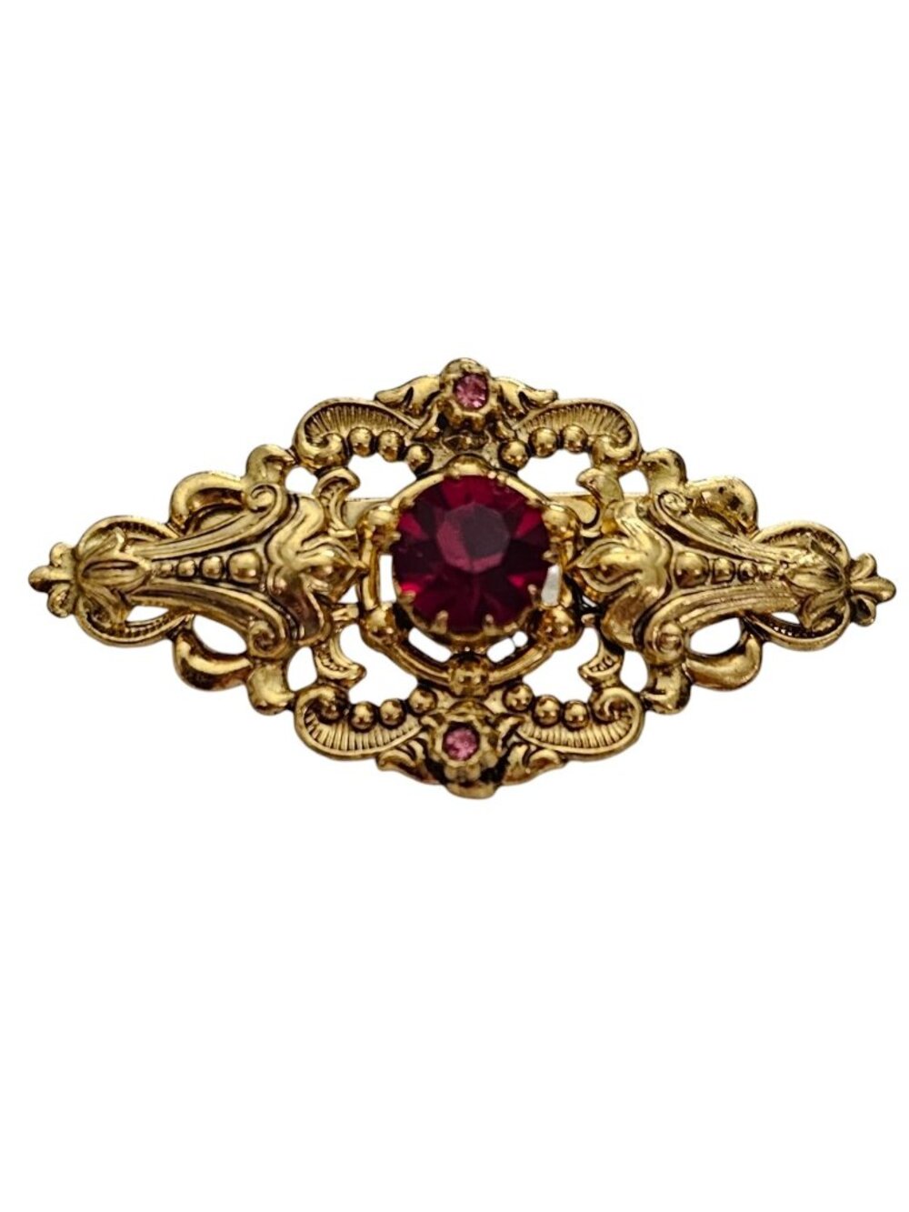 Czech Red Rhinestone Gold Tone Brooch Fleur De Lis Ornate Pin L873